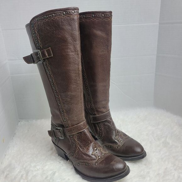 Black Star Women's Boots Size 8.5 Brown Leather Studded Zipper Western Cowboy - Picture 1 of 9